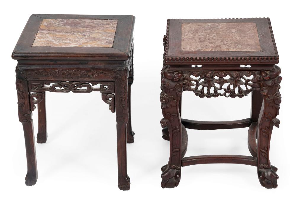 Appraisal: TWO CHINESE SQUARE TABORETS WITH INSET ROUGE MARBLE TOPS LATE