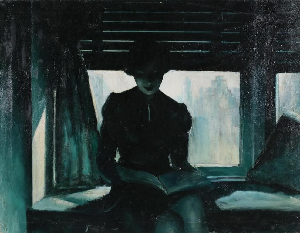 Appraisal: Oil on canvas portrait of a woman reading Signed lower