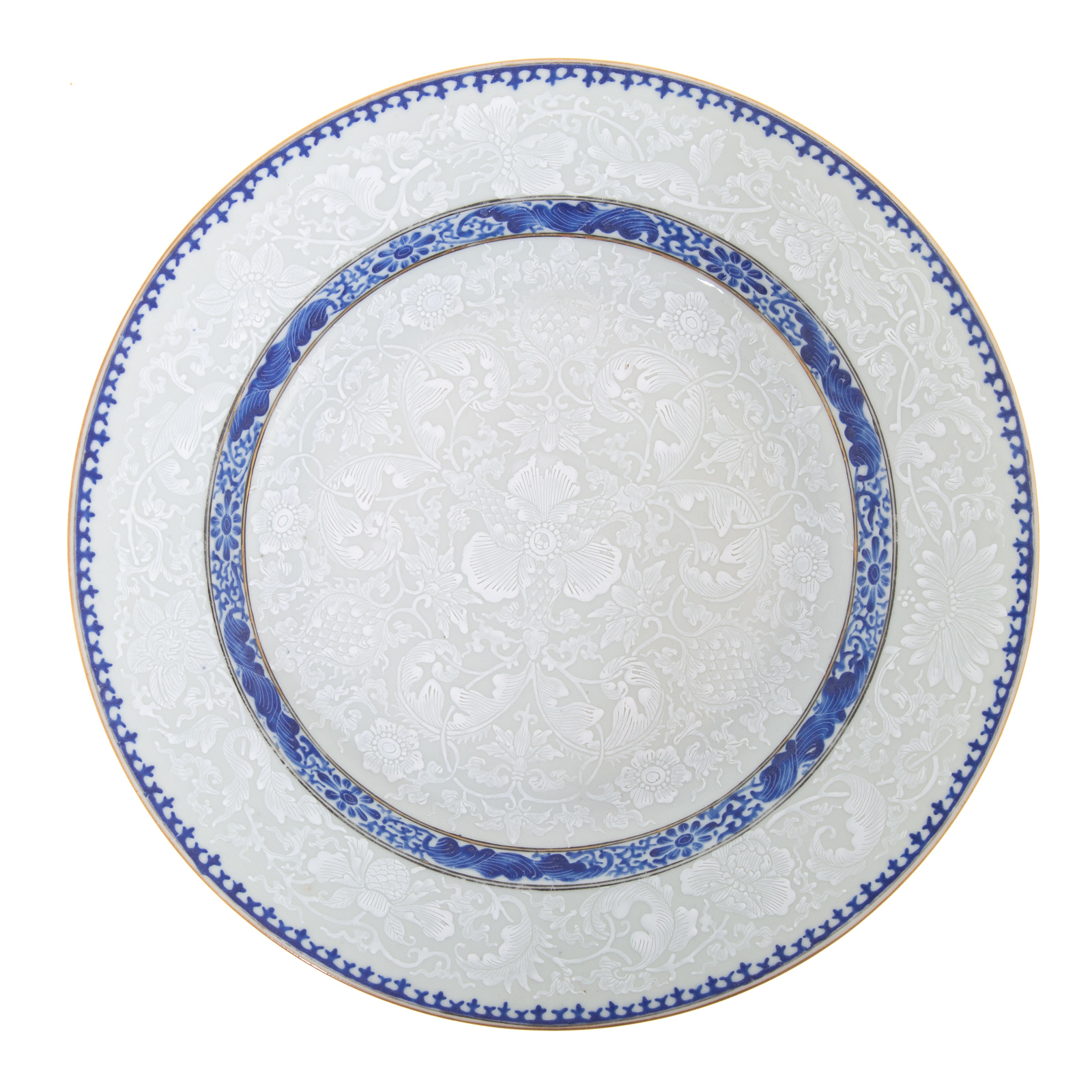 Appraisal: CHINESE EXPORT BIANCO SOPRA BIANCO PLATE Circa entire surface of