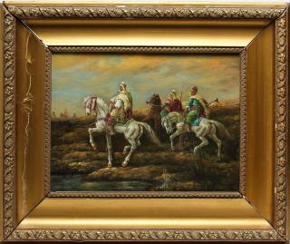 Appraisal: Orientalist Oil on Wooden Panel Unsigned Depicting three Moroccan horseback