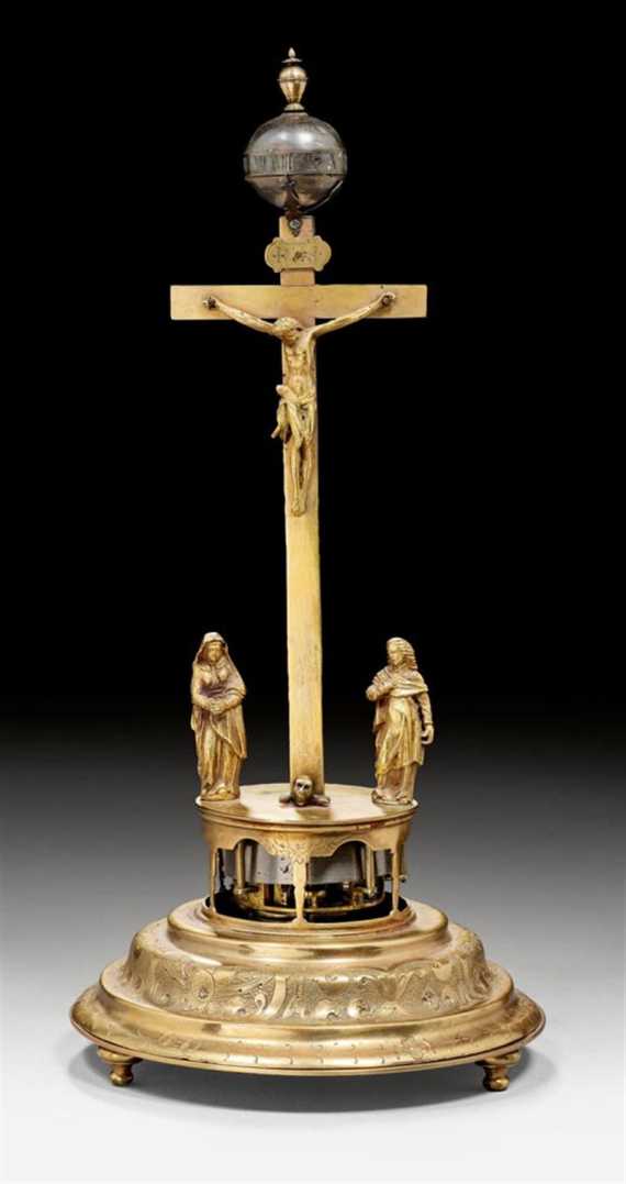 Appraisal: CRUCIFIX CLOCK Renaissance style with signature under a movement wheel