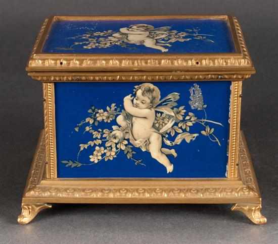 Appraisal: Continental gilt-metal-mounted painted metal cigarette box as is Estimate -