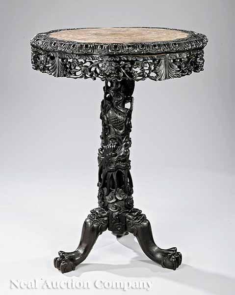 Appraisal: A Chinese Carved Hongmu and Marble Inset Tilt-Top Table late