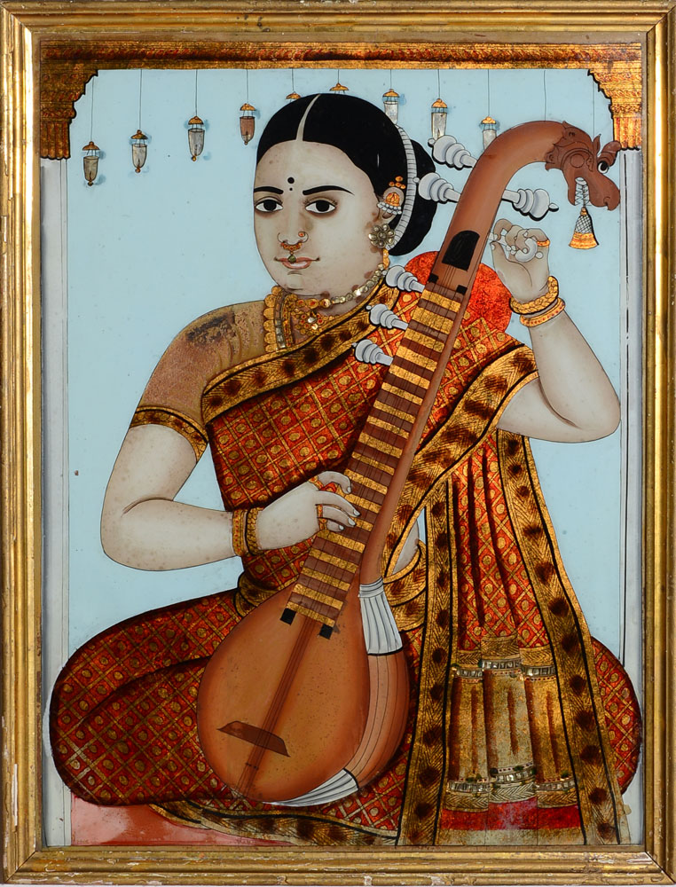 Appraisal: INDIAN REVERSE PAINTING ON GLASS DEPICTING A FEMALE MUSICIAN x