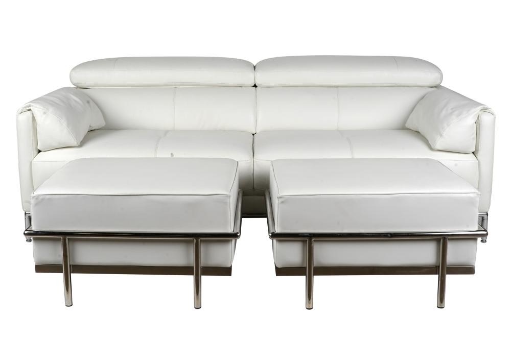 Appraisal: MODANI SOFA PAIR OF OTTOMANSwhite leatherette and chromed metal the