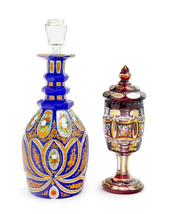 Appraisal: Two Enameled Bohemian Glass Articles Height of decanter inches Two