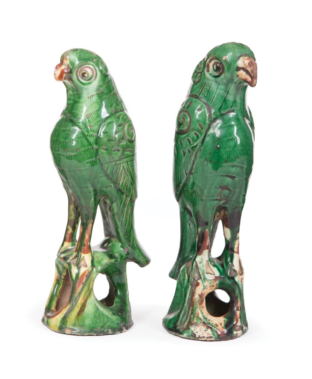 Appraisal: Two Chinese Sancai Glazed Pottery Parrots Qing Dynasty - modeled