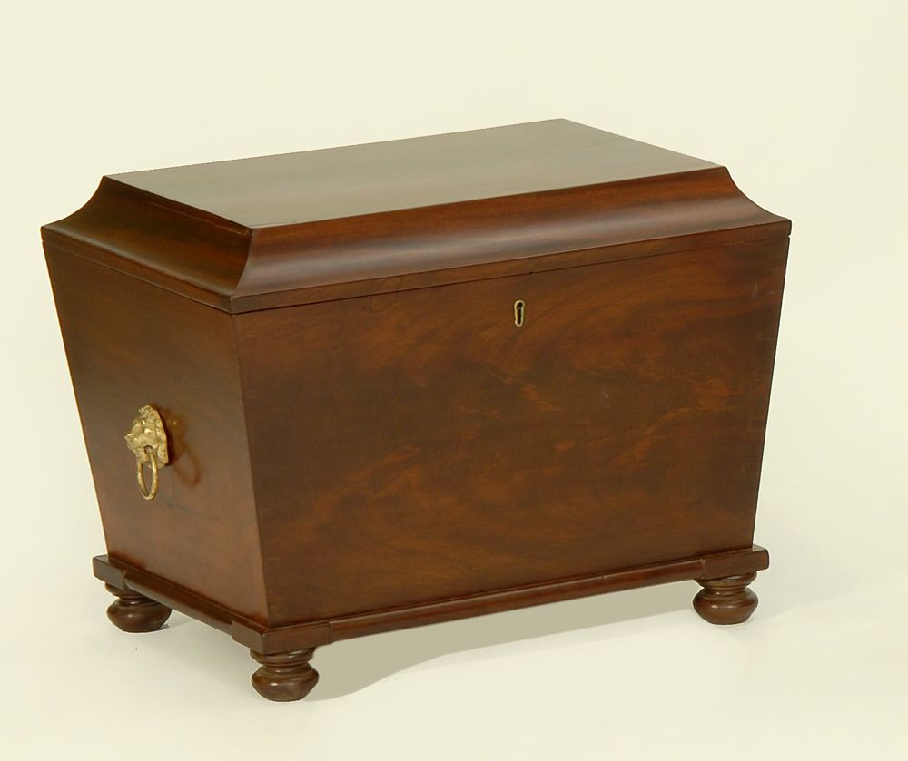 Appraisal: ANTIQUE COFFIN-FORM LIFT-TOP CELLARETTE In mahogany veneers Turned feet Brass