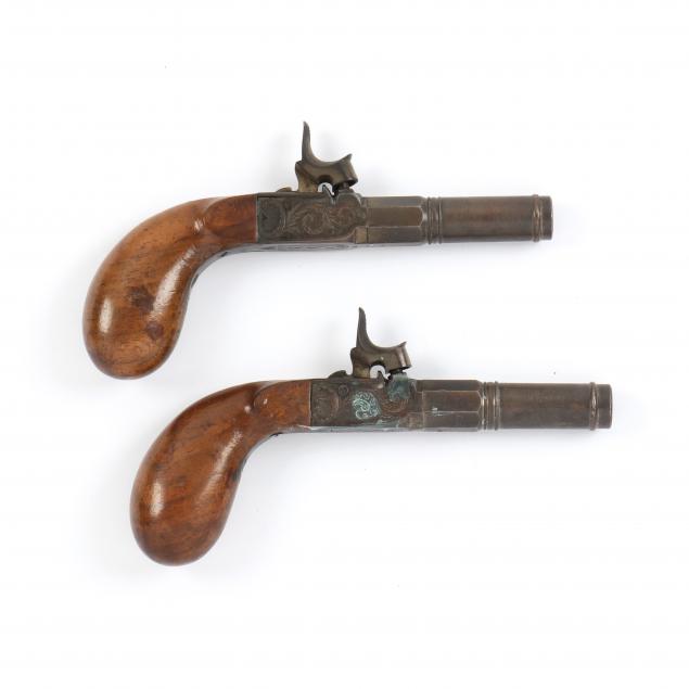 Appraisal: PAIR OF ENGLISH PERCUSSION BOOT PISTOLS Circa English boot pistols