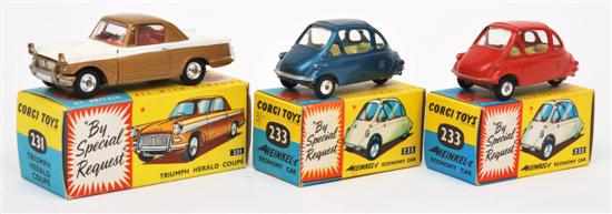 Appraisal: Two Corgi Heinkel Economy Cars one metallic green-blue lemon yellow