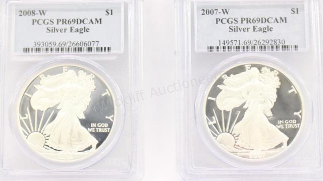 Appraisal: Two PCGS Slabbed Silver Eagles both PR DCAM including -W