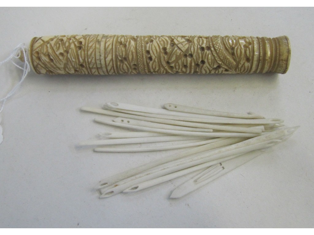 Appraisal: Carved ivory needle case