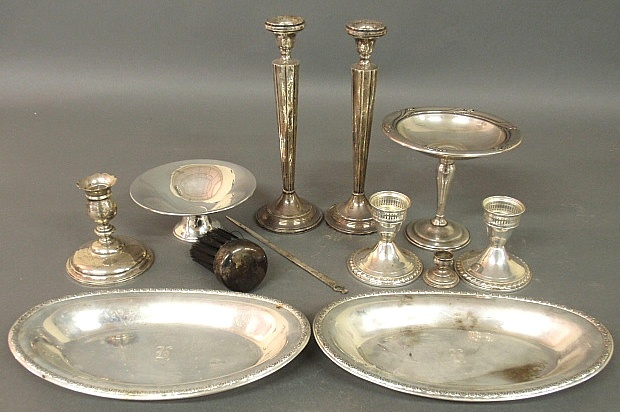 Appraisal: - Group of sterling silver tableware incl weighted candlesticks h