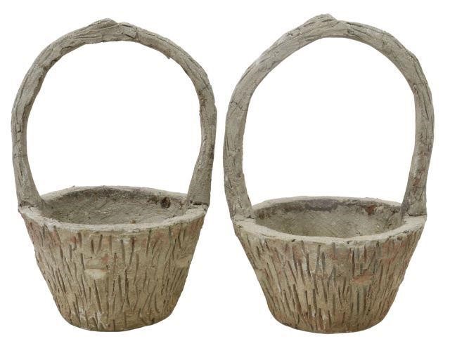 Appraisal: pair Architectural French cast stone planter baskets with faux bois