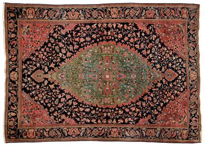 Appraisal: Finely woven Ferahan Sarouk rug green central medallion with two