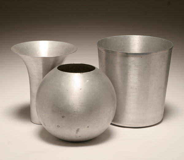 Appraisal: Three large spun aluminum pieces including waste can and Russel