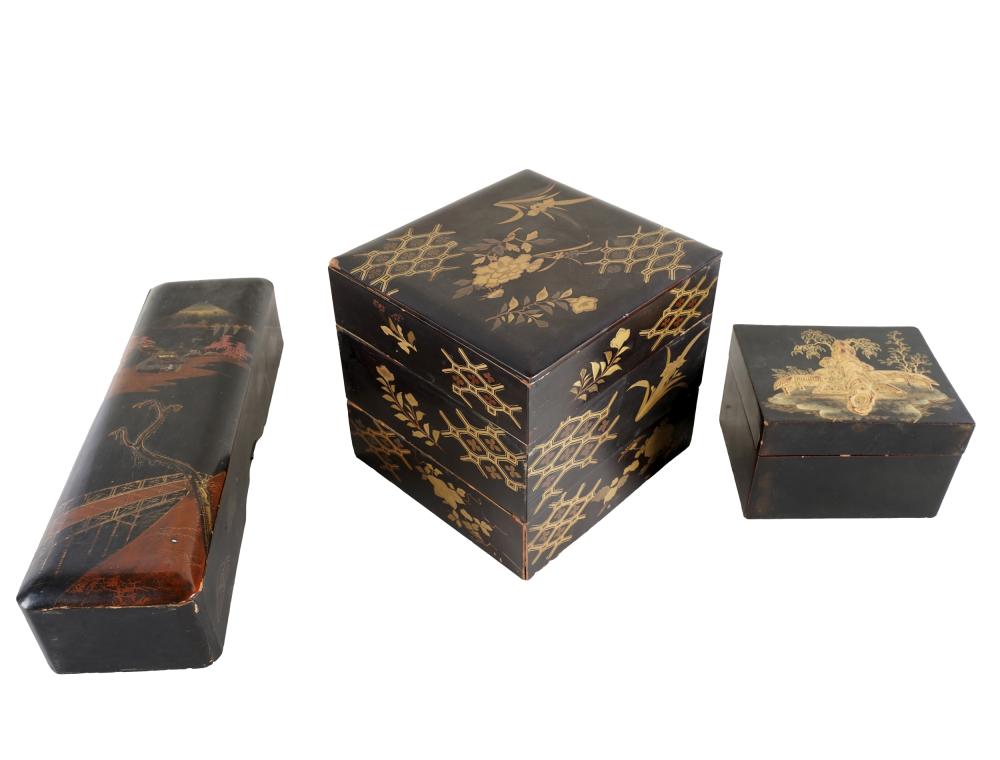 Appraisal: THREE JAPANESE LACQUERED BOXEScomprising one stack box inches high one