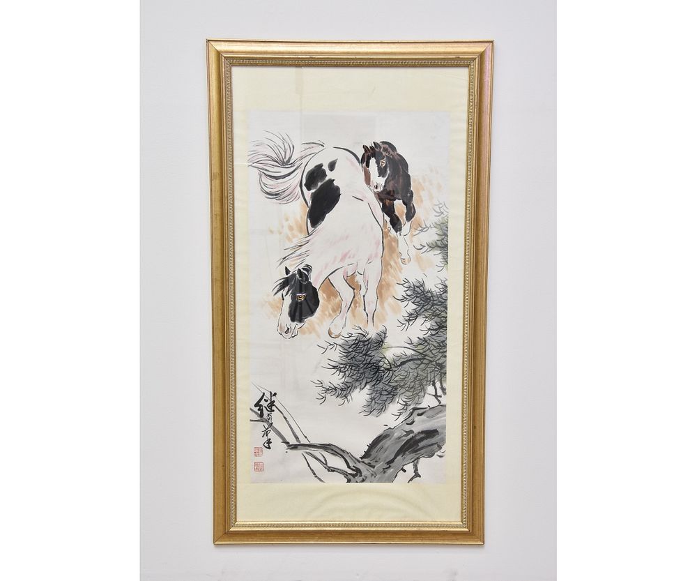 Appraisal: Large Chinese Watercolor of Horses Large Chinese watercolor of horses