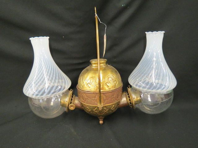 Appraisal: Victorian Brass Angle Kerosene Lamp Fenton swirl opalescent shades wide