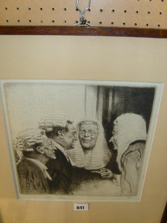 Appraisal: A dry point etching 'Out Of Court' showing four judges