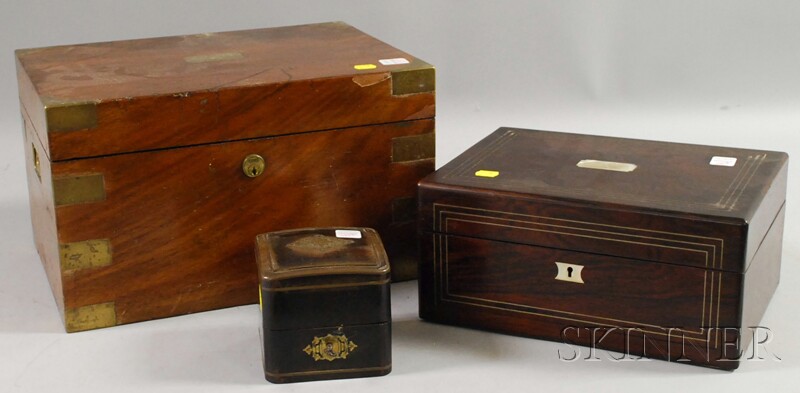 Appraisal: Three Assorted Inlaid Wooden Boxes a European brass inlaid hardwood