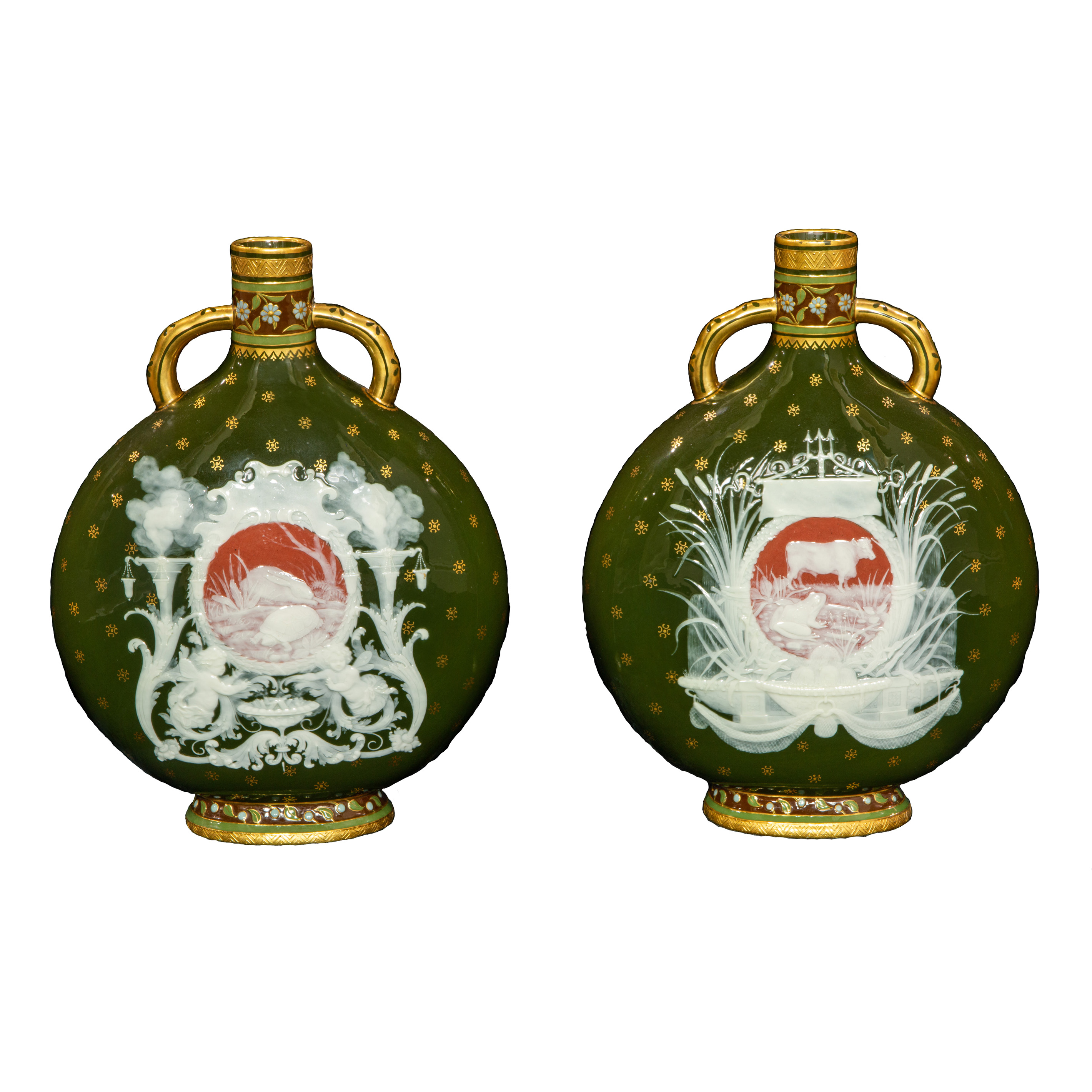 Appraisal: MINTON PORCELAIN PATE-SUR-PATE AESOP'S FABLES PILGRIM FLASKS A fine assembled