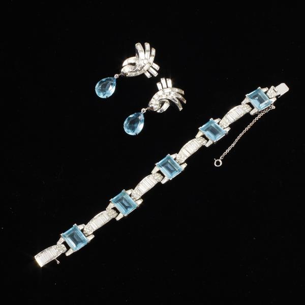 Appraisal: Trifari pc Pave Aquamarine Jeweled Diamante Bracelet and Earrings SET