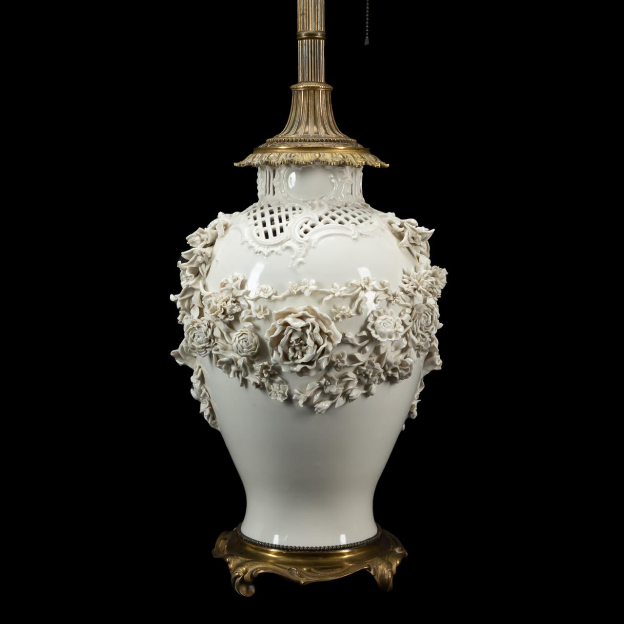 Appraisal: GERMAN FLORAL BLANC DE CHINE PORCELAIN TABLE LAMP Nymphenburg Porcelain