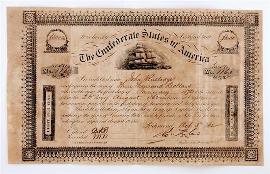 Appraisal: Confederate States of America bond act of August issued to