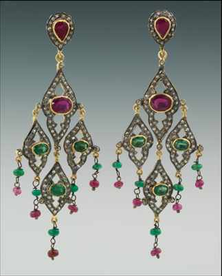 Appraisal: A Pair of Indian Diamond Ruby and Emerald Earrings Gold-topped