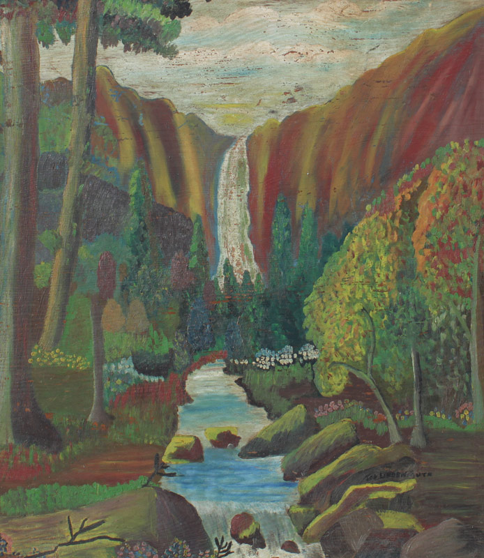 Appraisal: LINDENMUTH Tod Raphael Leroy American - Naive Fantasy Waterfall Landscape