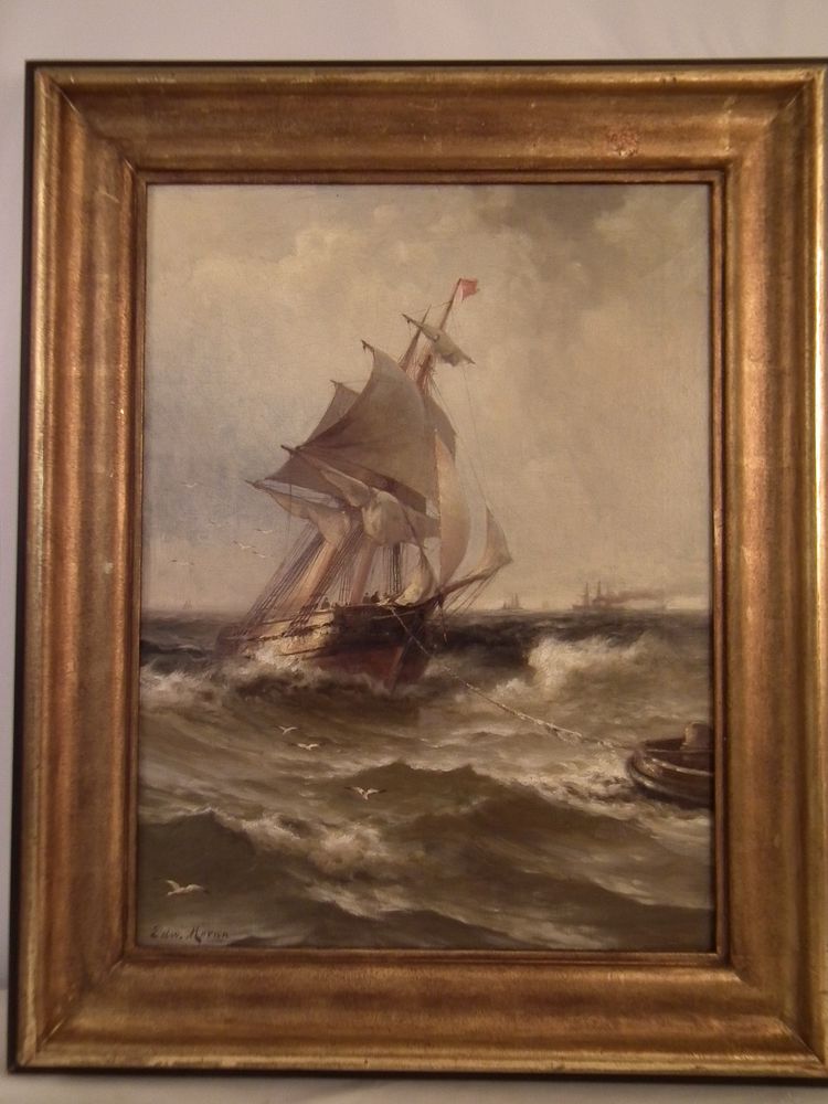 Appraisal: EDWARD MORAN SHIP PAINTING Antique oil painting on canvas depicting