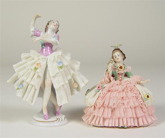 Appraisal: Two Dresden Figurines x seated lady dressed in pink and