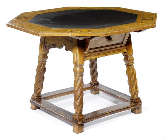 Appraisal: SLATE-TOP TABLE late Baroque Walnut with geometrical stringing and stylized