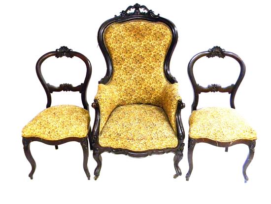 Appraisal: Three th C chairs Victorian upholstered armchair American carved floral