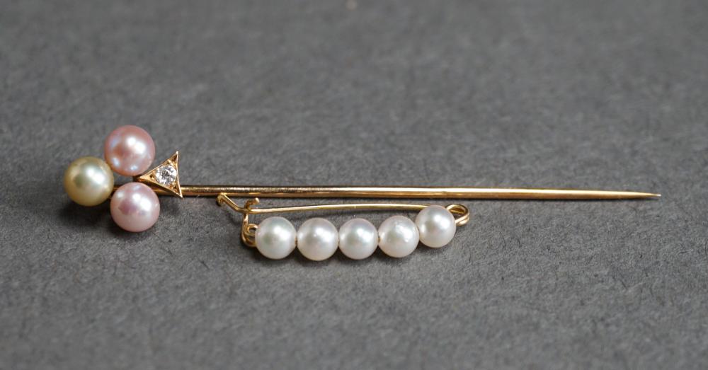 Appraisal: Tested -Karat Yellow-Gold Pearl and Diamond Stick Pin and a