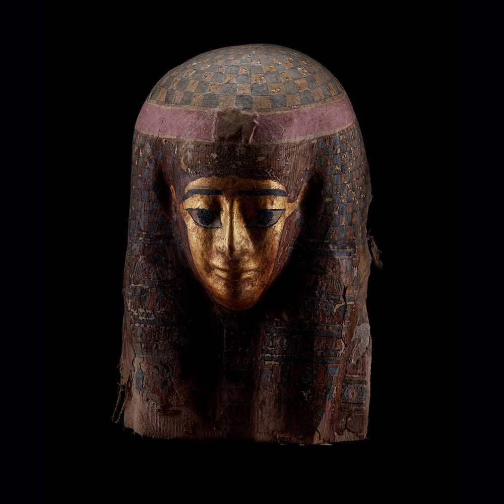 Appraisal: AN ANCIENT EGYPTIAN PTOLEMAIC GILT CARTONNAGE MASK CIRCA ND ST