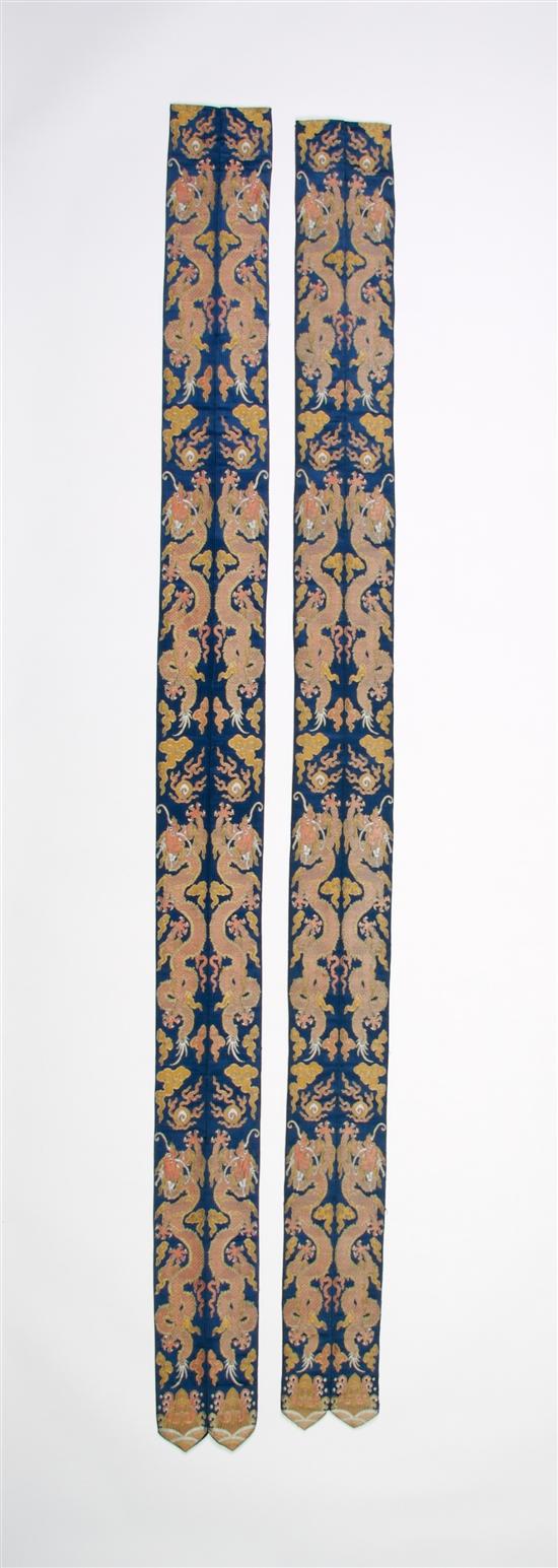 Appraisal: A Pair of Satin Brocade Temple Hangings Height inches