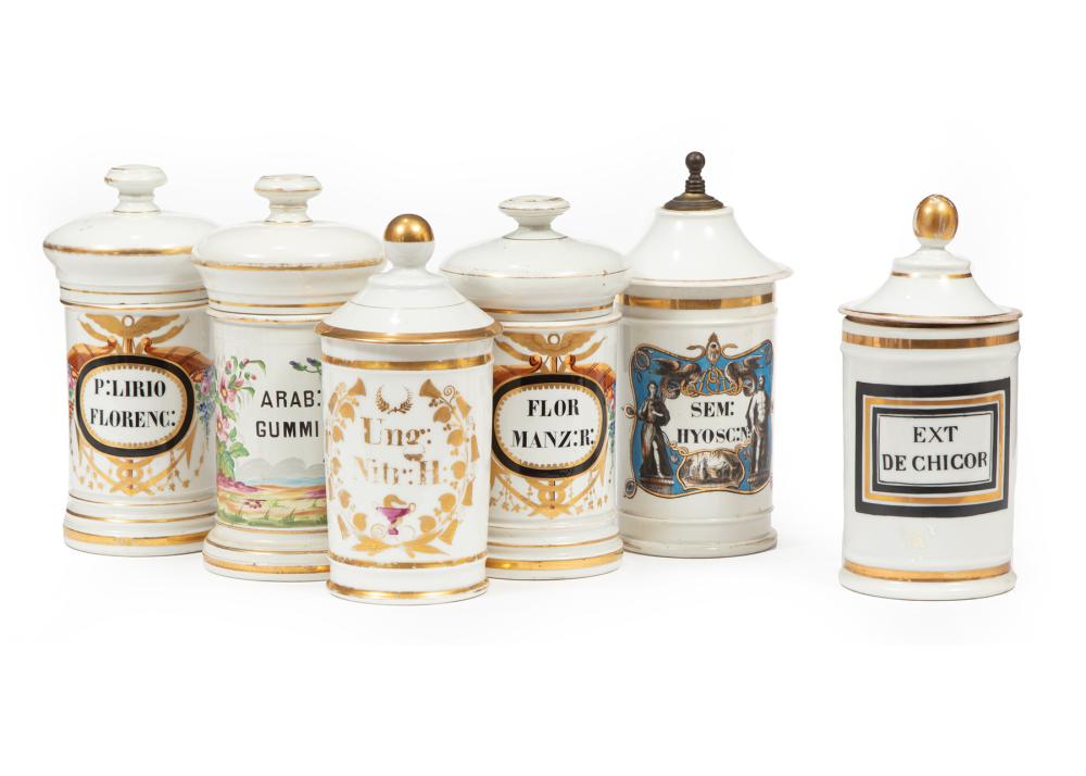 Appraisal: Five Antique French Polychrome and Gilt Porcelain Apothecary Jars each