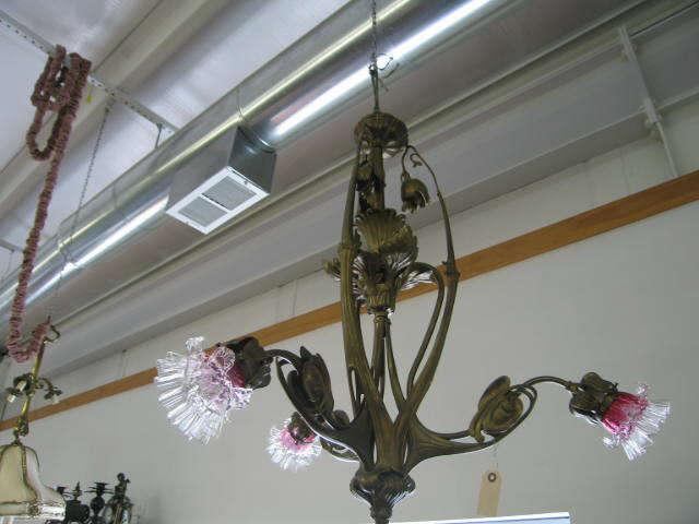 Appraisal: French Victorian Bronze Chandelier Art Nouveau floral triple light cranberry