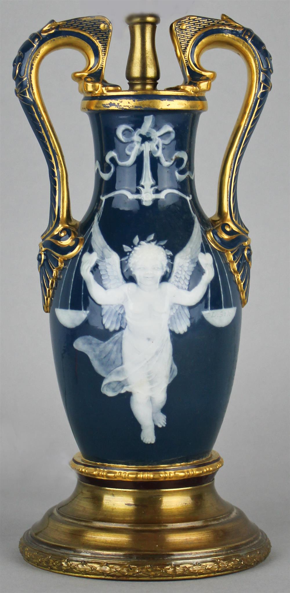 Appraisal: ENGLISH BLUE ROUND PATE SUR PATE TWO-HANDLED VASE SIGNED SOLON