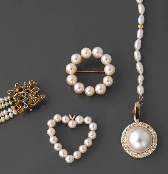 Appraisal: A collection of cultured pearl and gold jewelry comprising of