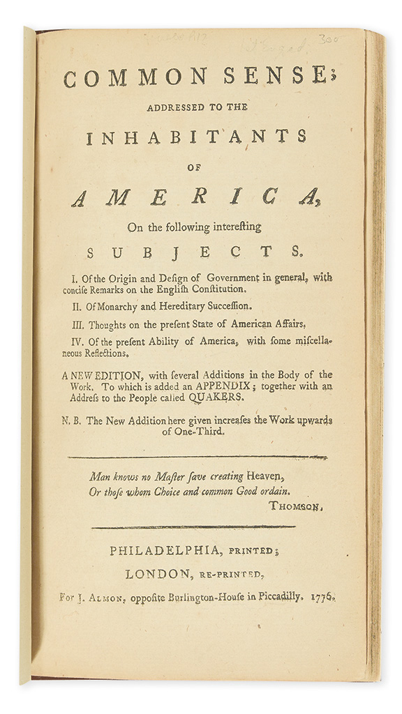 Appraisal: AMERICAN REVOLUTION Paine Thomas Common Sense Addressed to the Inhabitants