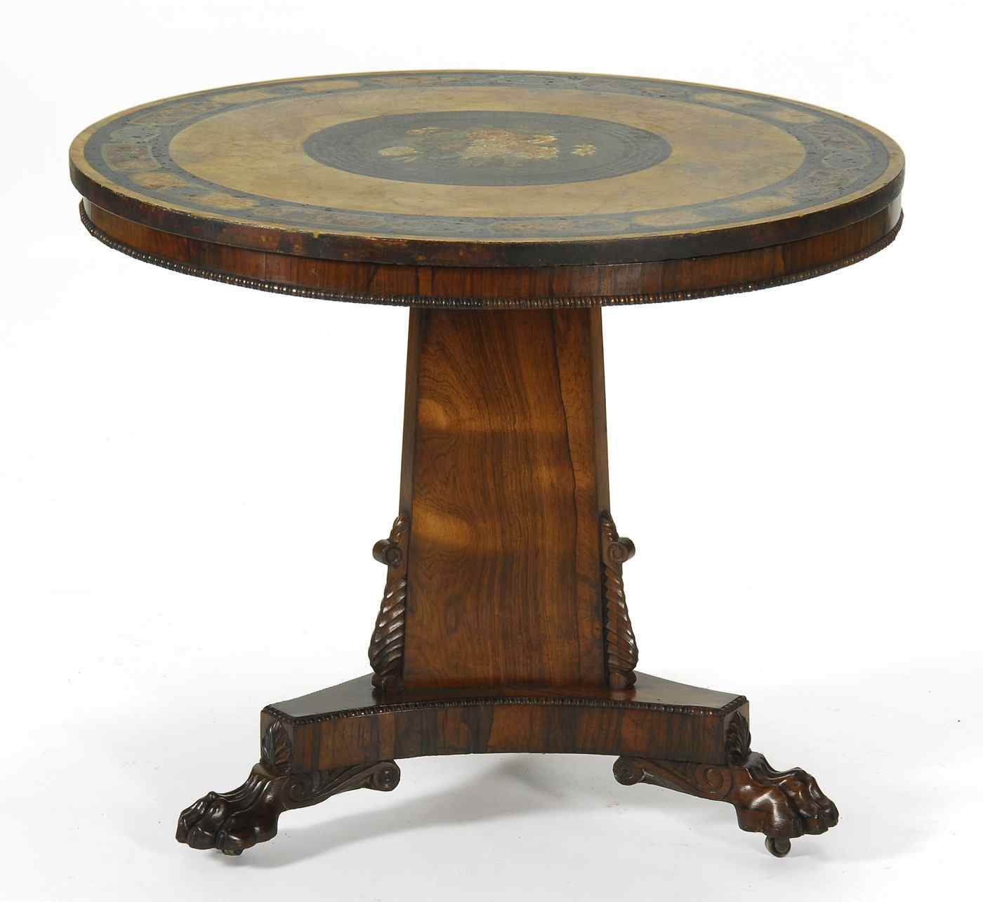 Appraisal: ANTIQUE AMERICAN CLASSICAL PEDESTAL CENTER TABLECirca - In rosewood veneers