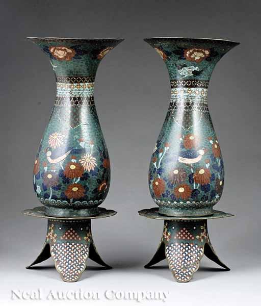 Appraisal: A Pair of Japanese Cloisonn Enamel Vases and Tripodal Pedestals