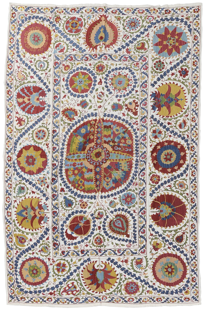 Appraisal: Embroidered Suzani Uzbekistan th century central panel with blossom design