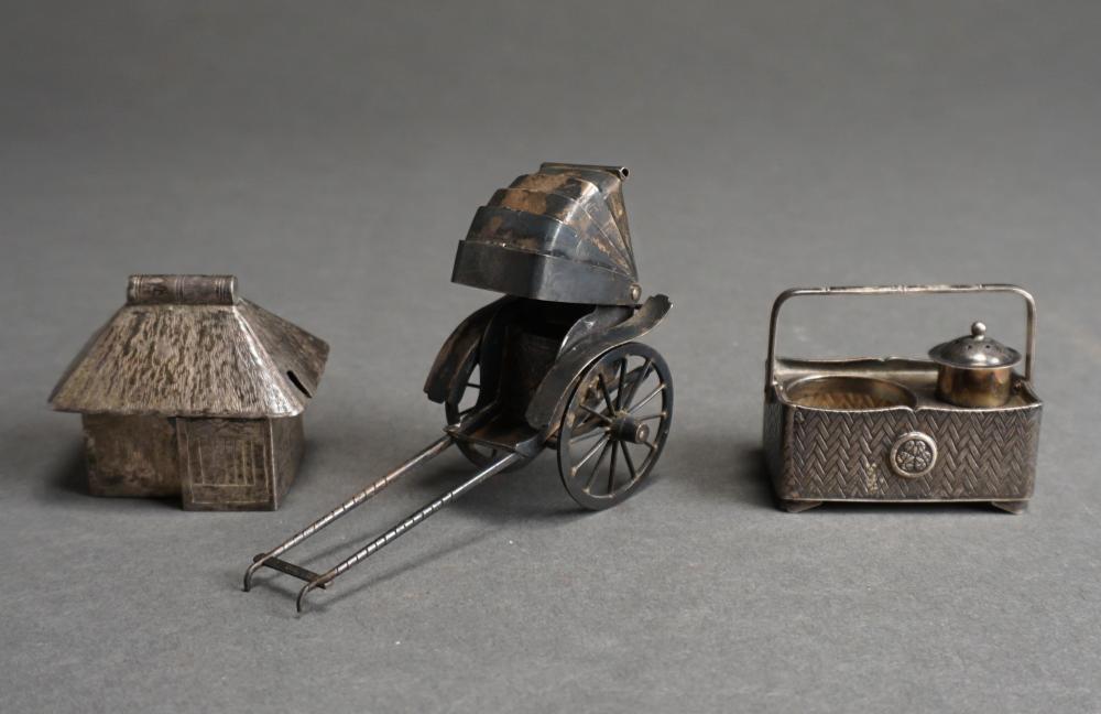 Appraisal: NOVELTY STERLING SILVER MINIATURE RICKSHAW HIBACHI LACKING INSERT AND JAPANESE