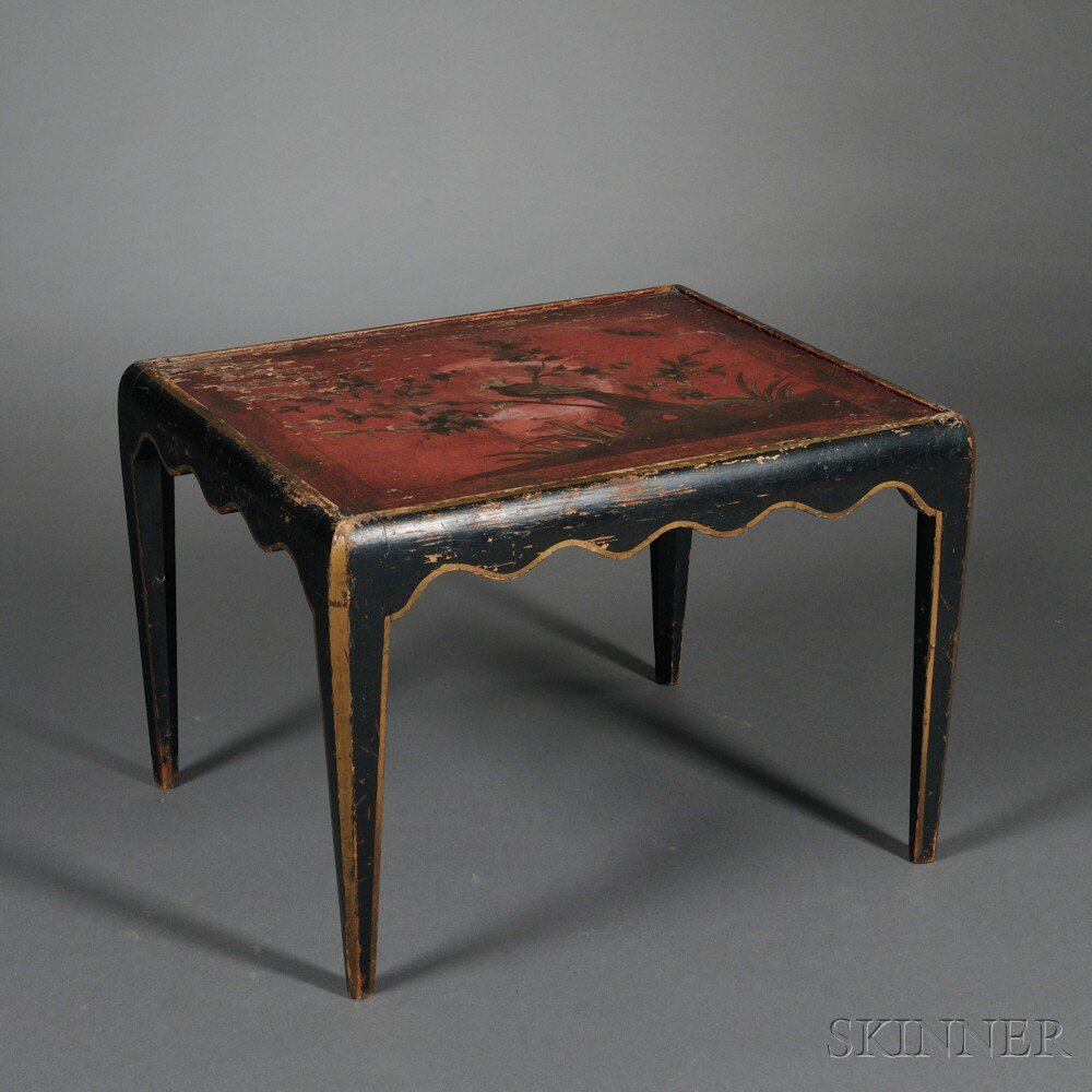 Appraisal: Black-painted Wood Stand Asia rectangular with shaped apron and tapered