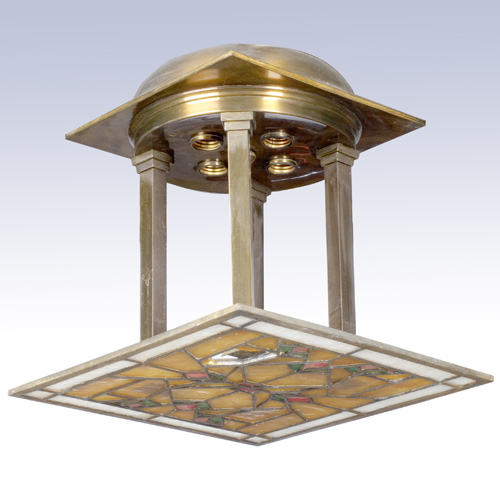 Appraisal: PRAIRIE SCHOOL Brass-washed temple-shaped ceiling fixture with a rectangular panel