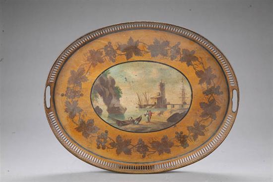 Appraisal: TOLE DECORATED TRAY Reticulated rim with two handles a harbor